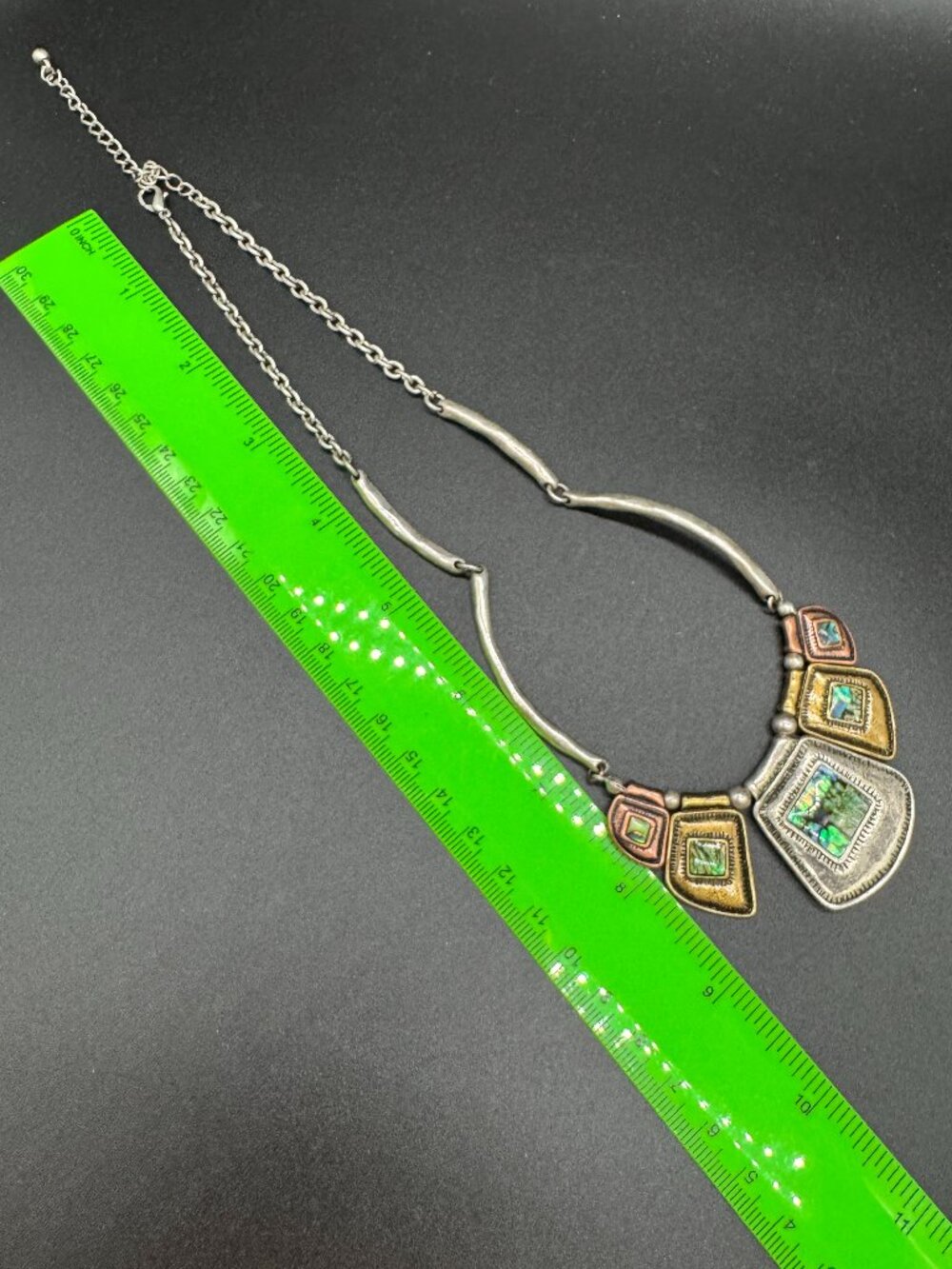 Tribal Necklace Silver Gold and Copper Tone Abalone Shell Accents - Picture 7 of 7